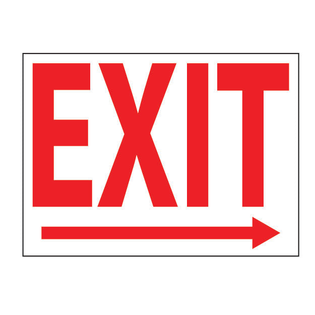 Red 'EXIT' sign with an arrow on a white background