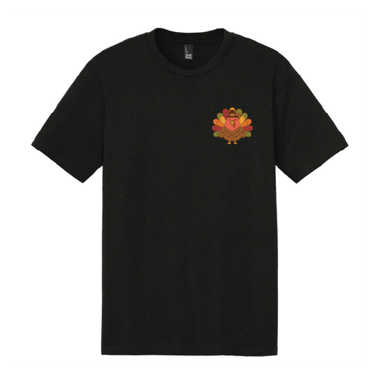 Black t-shirt with a colorful turkey graphic on a white background