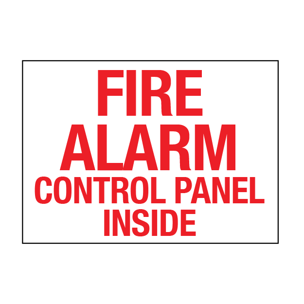 Red text 'FIRE ALARM CONTROL PANEL INSIDE' on a white background