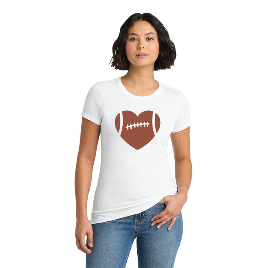Woman wearing a white t-shirt with a brown heart and football design on a white background