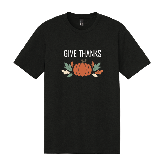 Black t-shirt with 'Give Thanks' and pumpkin graphic on a white background