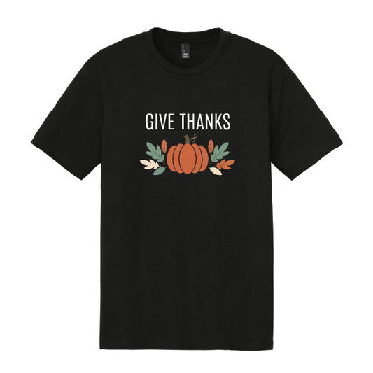 Black t-shirt with 'Give Thanks' and pumpkin graphic on a white background