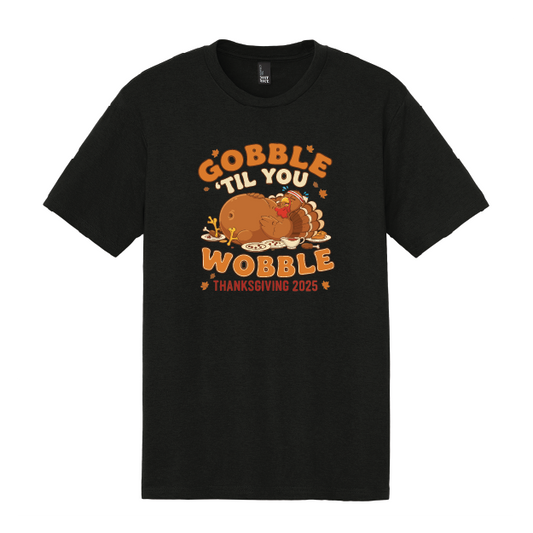 Black t-shirt with Thanksgiving graphic and text on a white background