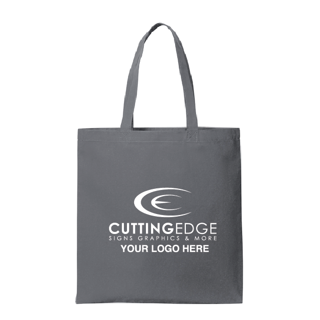 Gray tote bag with 'Cutting Edge Signs Graphics & More' logo on a white background