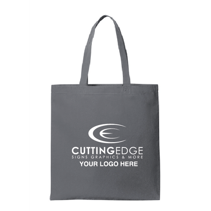 Gray tote bag with 'Cutting Edge Signs Graphics & More' logo on a white background