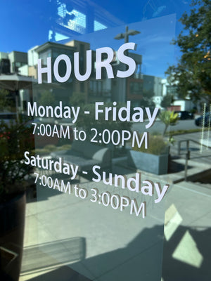 Custom hours of operation window decals, perfect for displaying business hours on storefronts. Durable, easy-to-read design for clear communication, weather-resistant for long-lasting use.