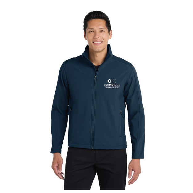 Man wearing a navy blue jacket with a logo on a white background