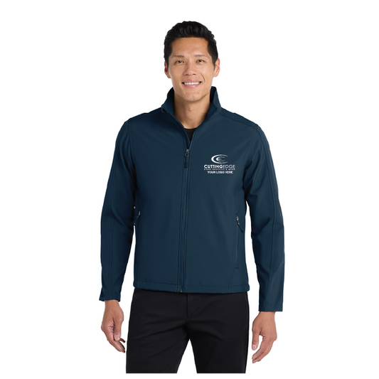 Man wearing a navy blue jacket with a logo on a white background