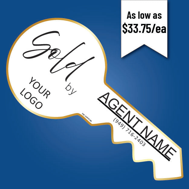 A custom-shaped, white-colored ceramic key prop sign with the words ' Sold by' and a placeholder for an agent name, against a blue background with a 'As low as $33.75/ea' banner.