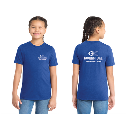 Blue t-shirt with a logo on the front and back worn by a girl, on a white background