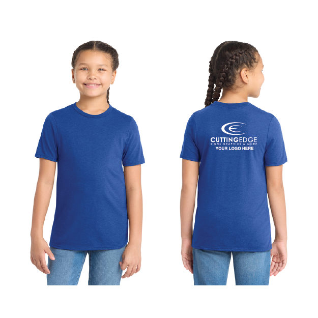 Blue t-shirt with a logo on the back worn by a girl, front and back views.