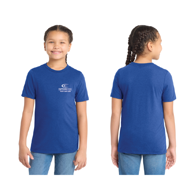 Blue t-shirt with a logo worn by a girl, showing front and back views on a white background.