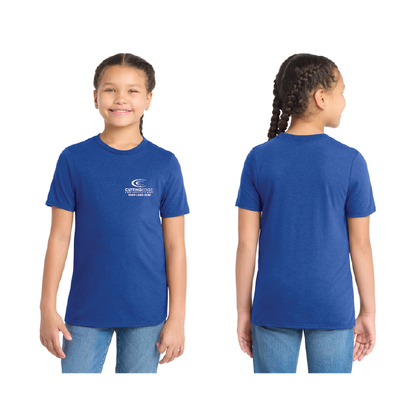 Blue t-shirt with a logo worn by a girl, showing front and back views on a white background.