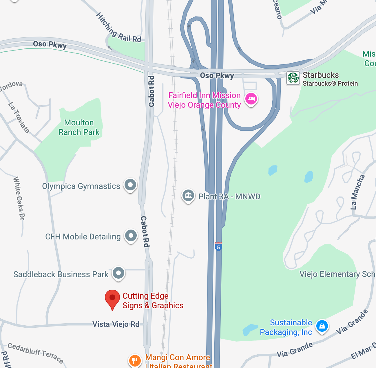 Map showing the location of Cutting Edge Signs & Graphics on Vista Viejo Road.