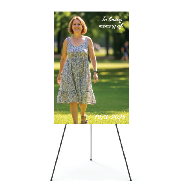 Memorial poster with a woman in a dress standing outdoors, with text 'In loving memory of' and years '1973-2025'.
