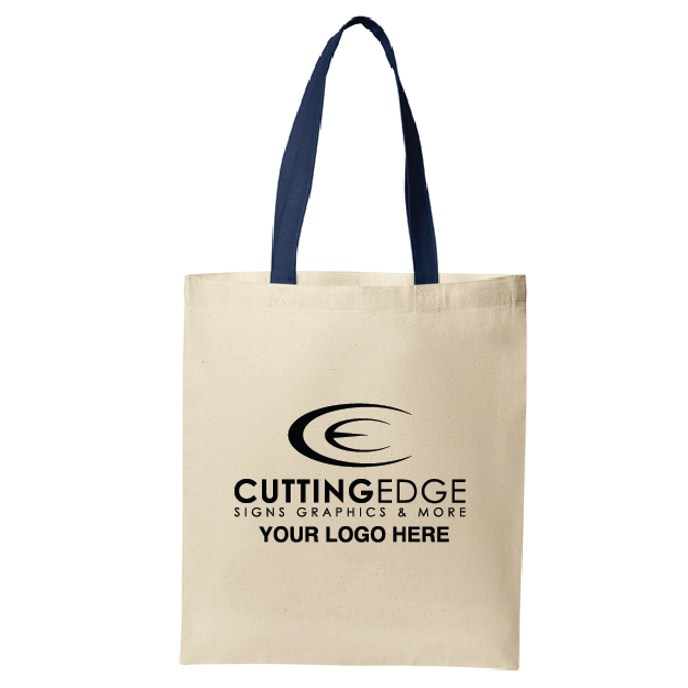 Beige tote bag with navy handles and customizable text on a white background