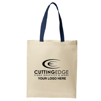 Beige tote bag with navy handles and customizable text on a white background