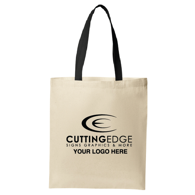 Beige tote bag with black text and logo on a white background
