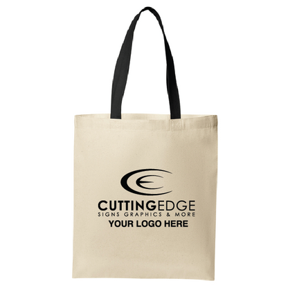 Beige tote bag with black text and logo on a white background