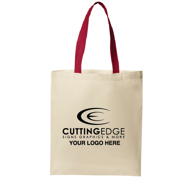 Beige tote bag with red handles and 'Cutting Edge Signs Graphics & More' logo on a white background
