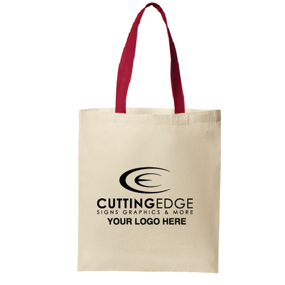 Beige tote bag with red handles and 'Cutting Edge Signs Graphics & More' logo on a white background