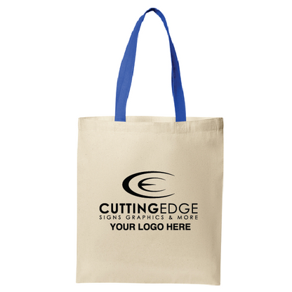 Beige tote bag with blue handles and 'Cutting Edge Signs Graphics & More' text on a white background