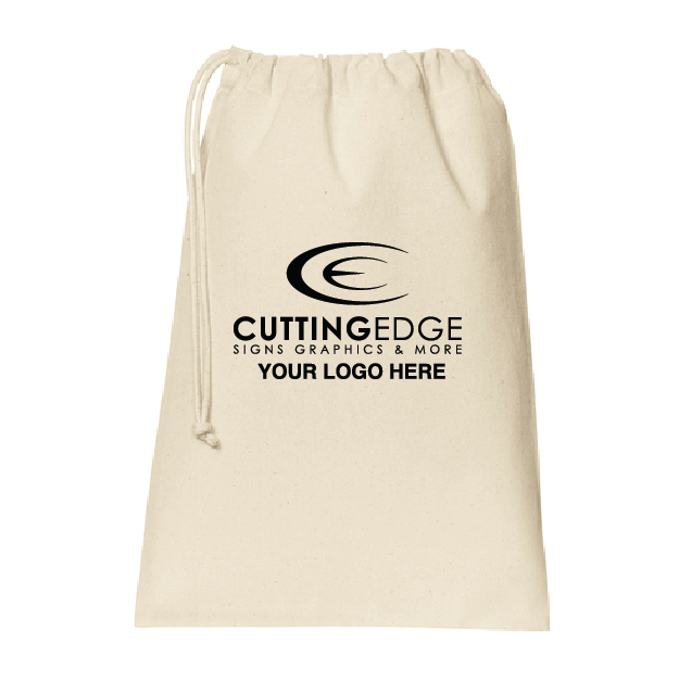Beige drawstring bag with 'Cutting Edge Signs Graphics & More' logo on a white background