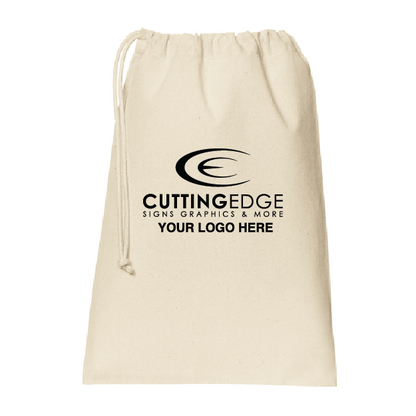 Beige drawstring bag with 'Cutting Edge Signs Graphics & More' logo on a white background