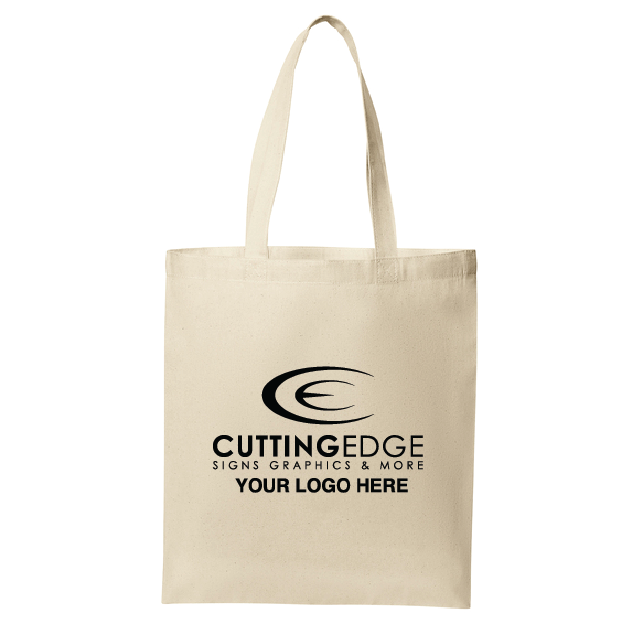 Beige tote bag with black text and logo on a white background