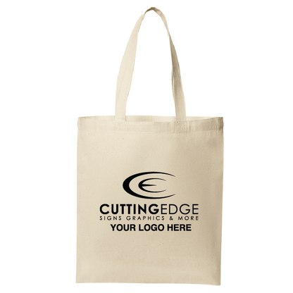 Beige tote bag with black text and logo on a white background