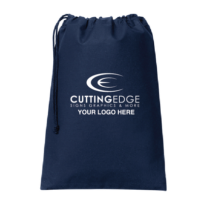 Navy drawstring bag with 'Cutting Edge' logo and space for additional text on a white background