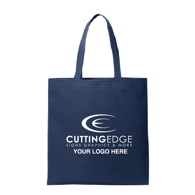 Navy blue tote bag with 'Cutting Edge Signs Graphics & More' logo on a white background