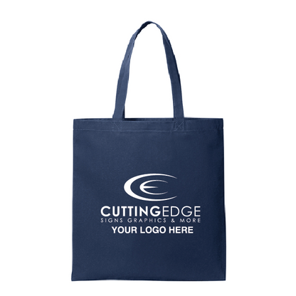 Navy blue tote bag with 'Cutting Edge Signs Graphics & More' logo on a white background