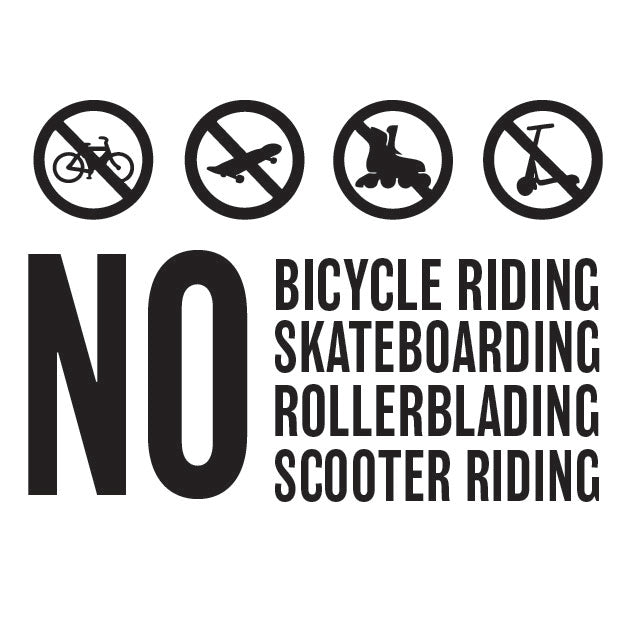 Prohibition signs for bicycle, skateboard, rollerblading, and scooter riding on a white background.