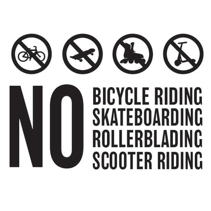 Prohibition signs for bicycle, skateboard, rollerblading, and scooter riding on a white background.