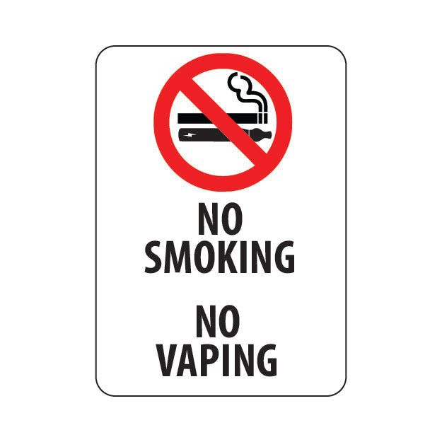 A rectangular sign with a white background featuring a no-smoking symbol and the text 'NO SMOKING NO VAPING' in bold, black letters.