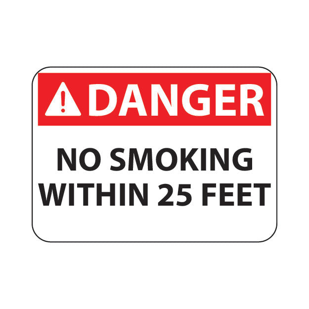 A sign with a red and white color scheme, featuring the word 'DANGER' at the top, and the text 'NO SMOKING WITHIN 25 FEET' below it, indicating a smoking restriction area.