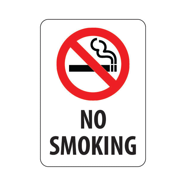 A rectangular no smoking sign with a red and white color scheme, featuring the no smoking symbol and the text 'NO SMOKING' in bold, black capital letters.