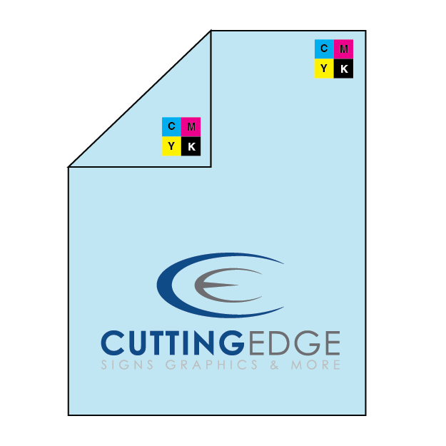 Light blue paper with 'Cutting Edge Signs Graphics & More' logo and CMYK color model icons.