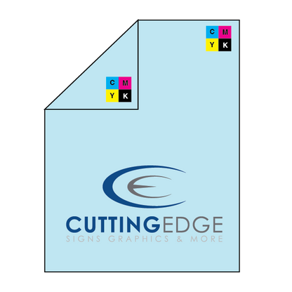 Light blue paper with 'Cutting Edge Signs Graphics & More' logo and CMYK color model icons.