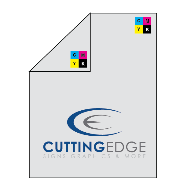 Sheet of paper with Cutting Edge logo and CMYK color model icons on a white background