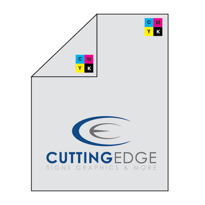 Sheet of paper with Cutting Edge logo and CMYK color model icons on a white background