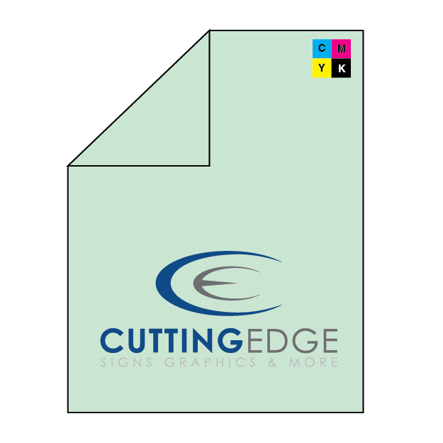 Light green paper with 'Cutting Edge Signs Graphics & More' logo and CMYK color model icon.