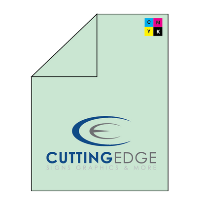 Light green paper with 'Cutting Edge Signs Graphics & More' logo and CMYK color model icon.