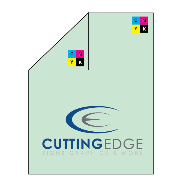 Light green paper with Cutting Edge logo and CMYK color model icons on a white background