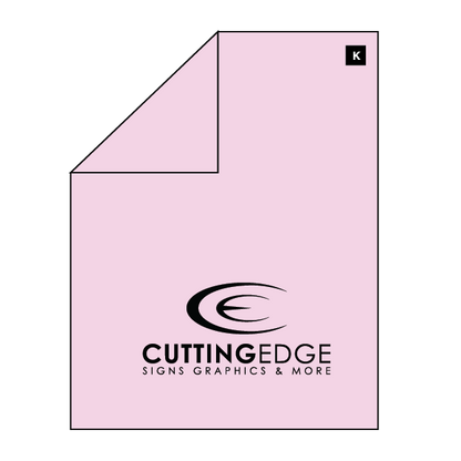 Pink towel with 'Cutting Edge Signs Graphics & More' logo on a white background