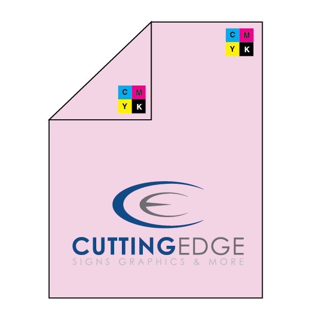 Pink paper with 'Cutting Edge Signs Graphics & More' logo and CMYK color model icons.