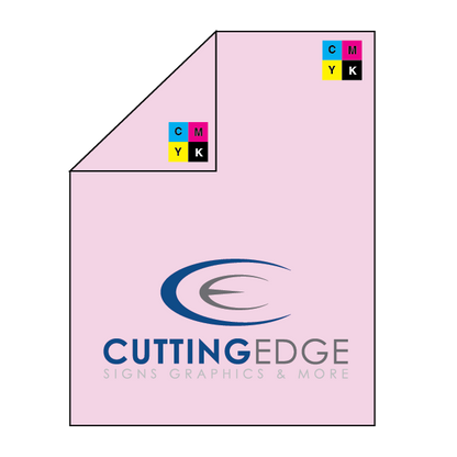 Pink paper with 'Cutting Edge Signs Graphics & More' logo and CMYK color model icons.