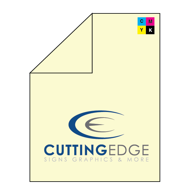 Sheet of paper with 'Cutting Edge Signs Graphics & More' logo on a white background