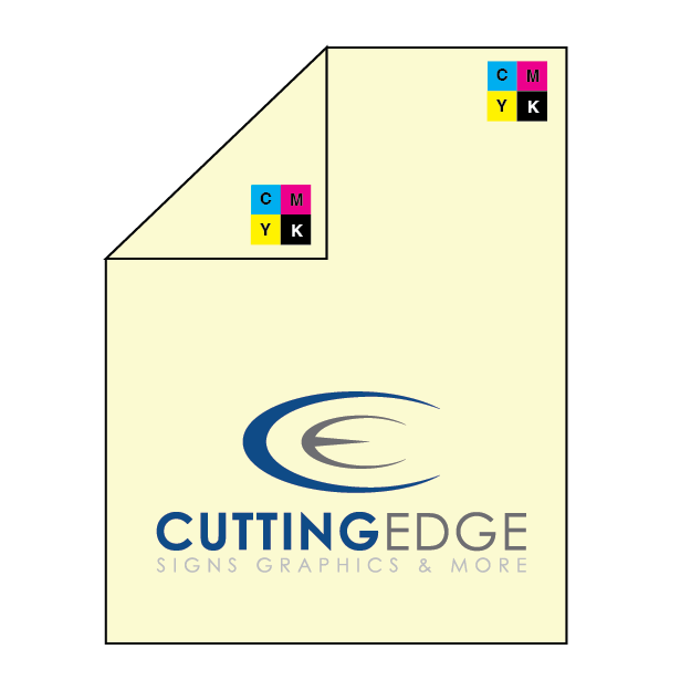 Sheet of paper with Cutting Edge logo and CMYK color model icons on a white background